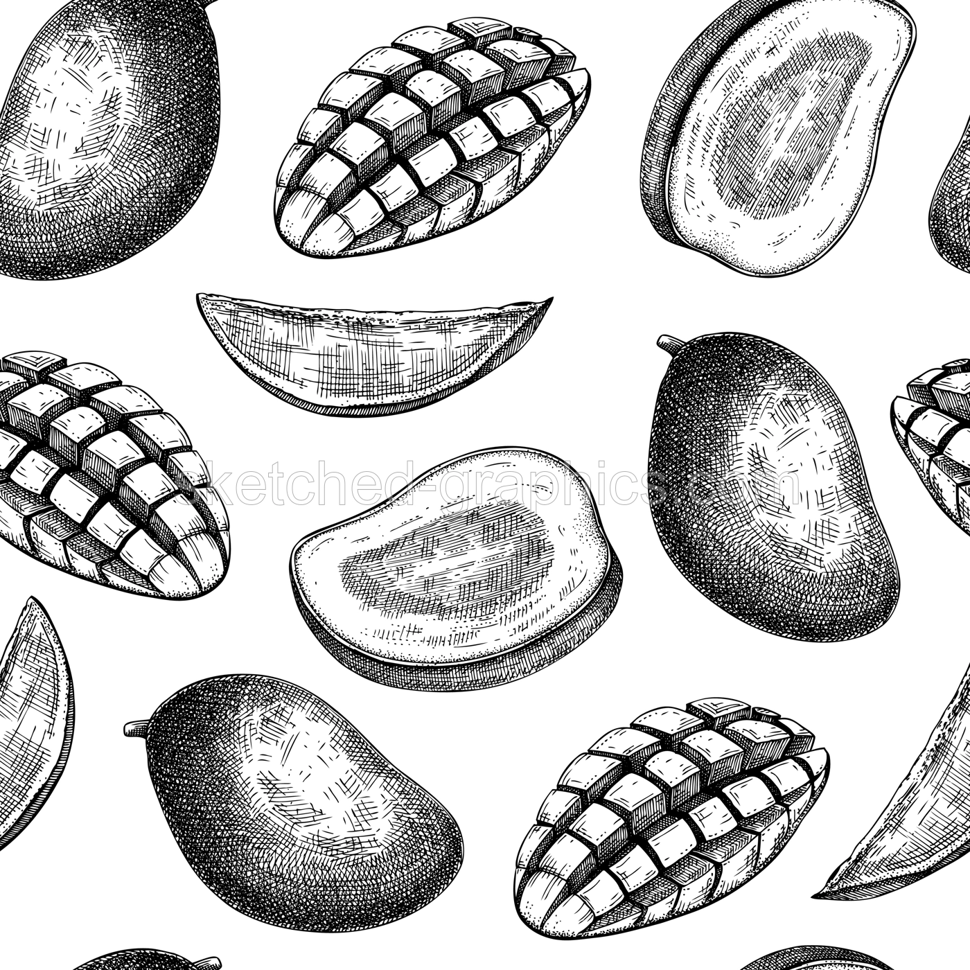 Tropical fruit seamless pattern. Ripe mango sketch. Hand-drawn vector illustration. Exotic plant background, texture, textile design. NOT AI generated Illustration
